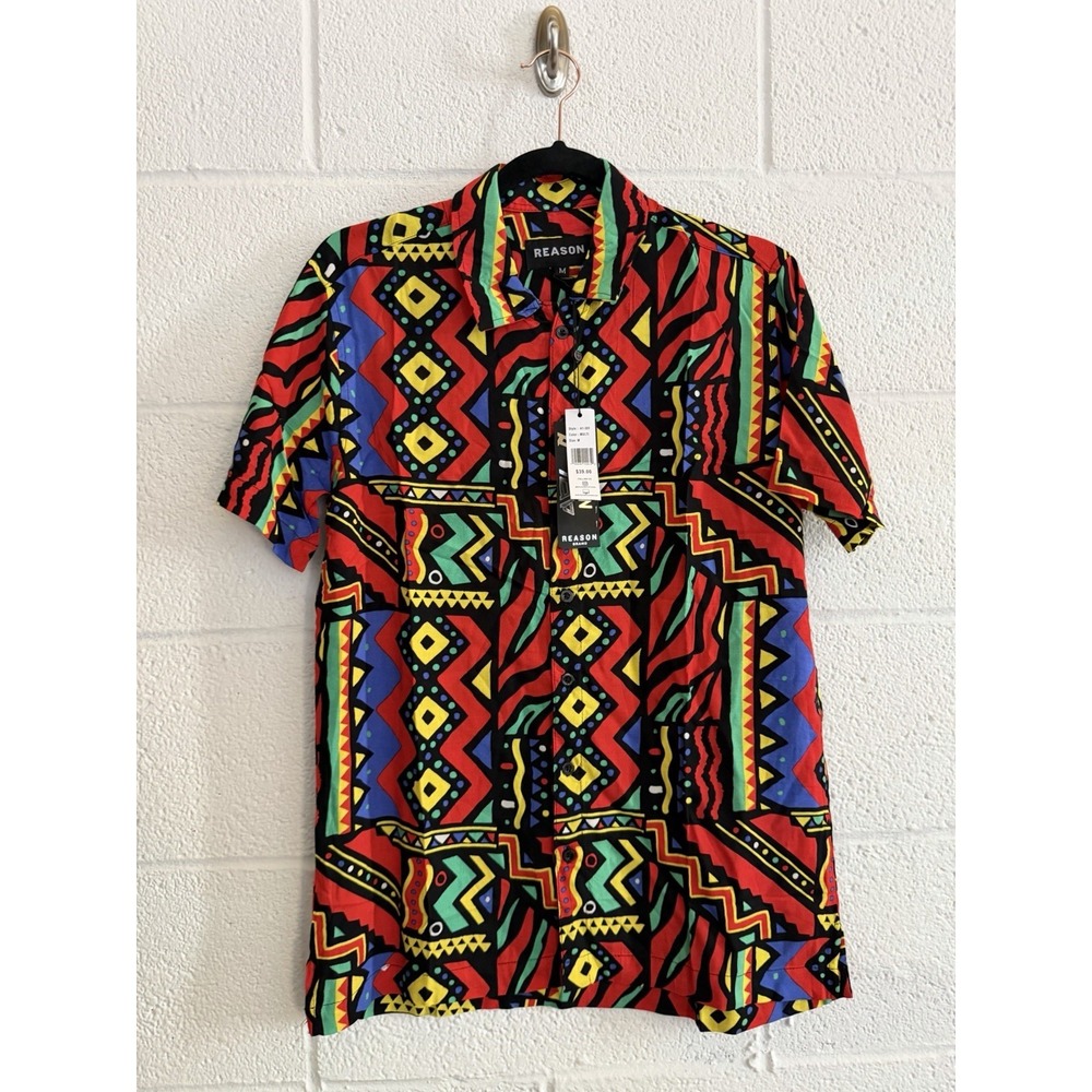 Reason Mens Medium Rayon Button Up Shirt Colorful Geometric Festival NWT M